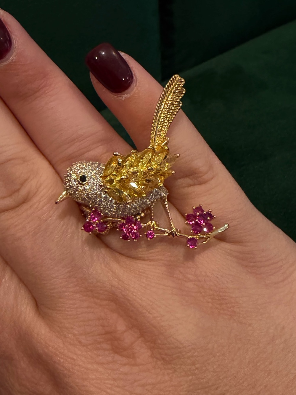 Gold and Yellow Crystal Bird ring with Pink Flower Accents
